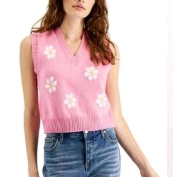 Just Polly NY pink daisy floral sweater vest 100% Acrylic Pastel Academia Preppy - Picture 1 of 5